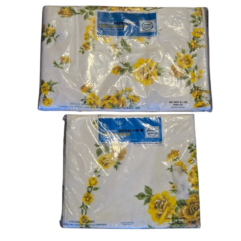 Vtg Stevens Mohawk Yellow Floral Double Flat Sheet & 2 Pillowcases Cottagecore
